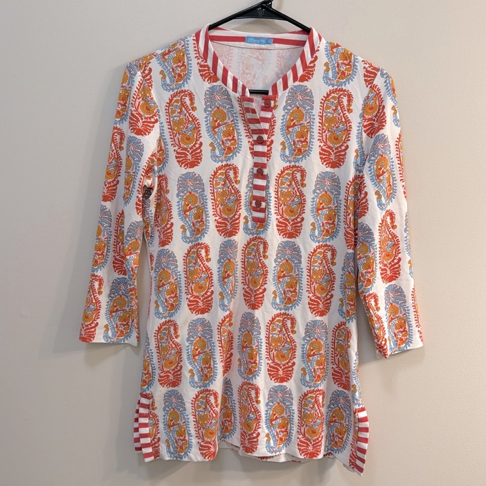 J.McLaughlin Paisley Tunic Catalina Henley size S 3/4 Sleeves Jersey Stretch